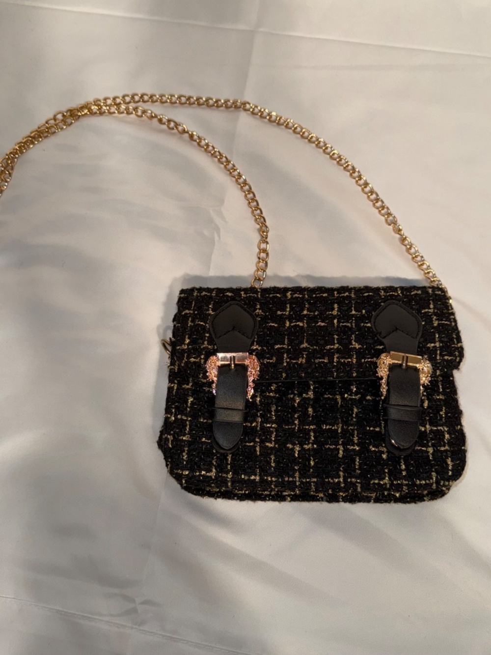 Black Gold Tweed Chain Strap Mini Shoulder Bag Classic Style Flap Purse